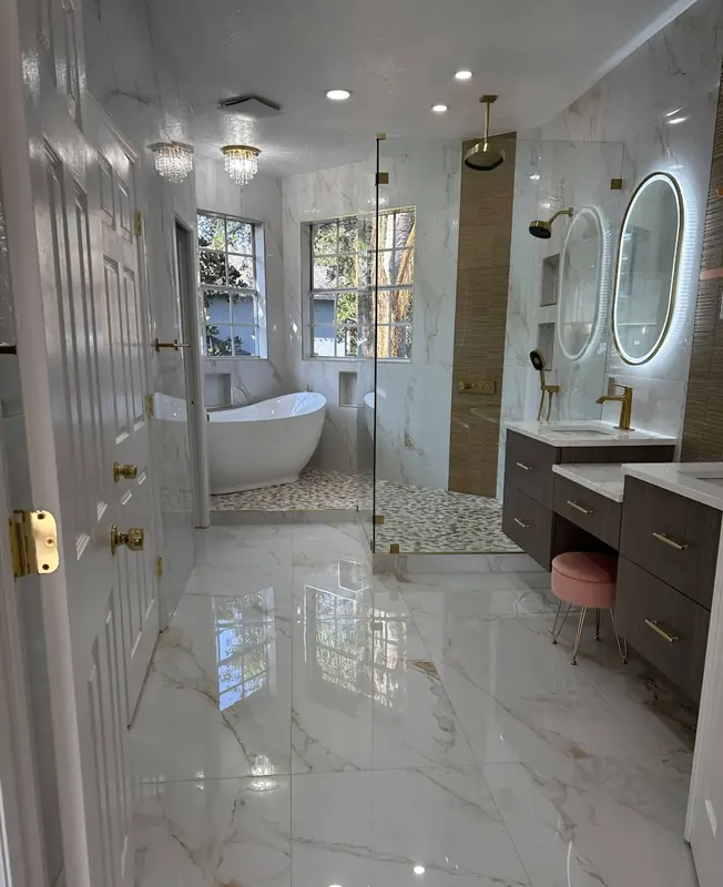 Sparkling clean luxury master bathroom with marble floors