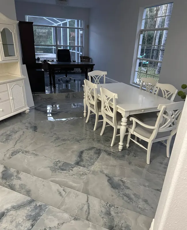 Polished marble dining room floor