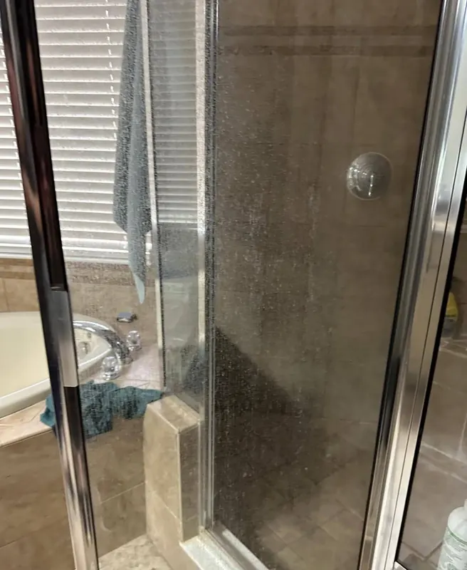 Crystal clear glass shower door after professional cleaning