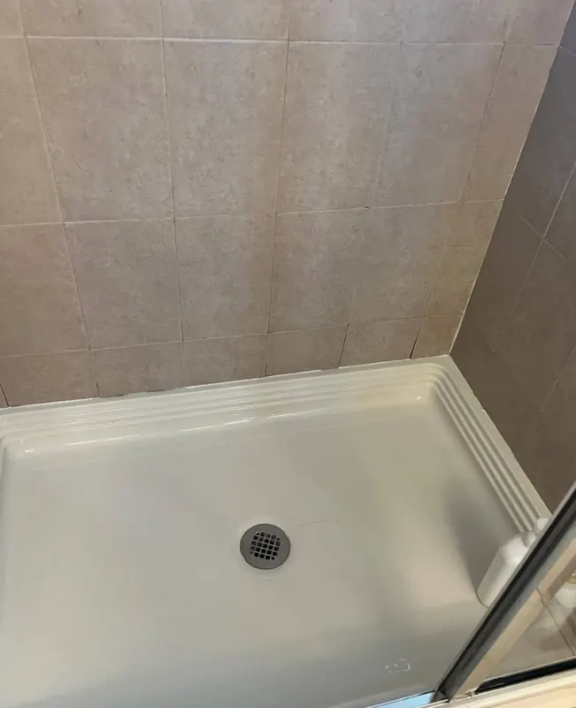 Freshly cleaned white shower pan and tile walls