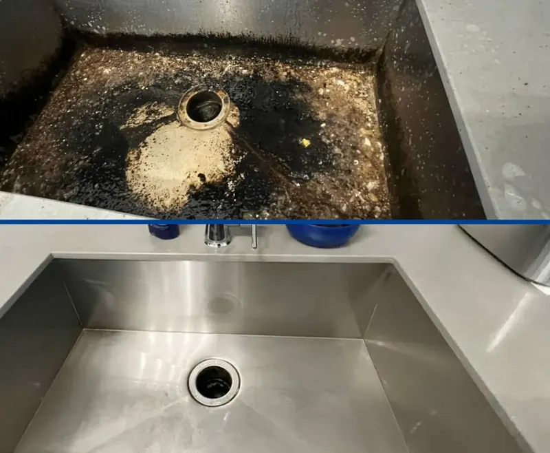 Before and after of a heavily soiled commercial sink